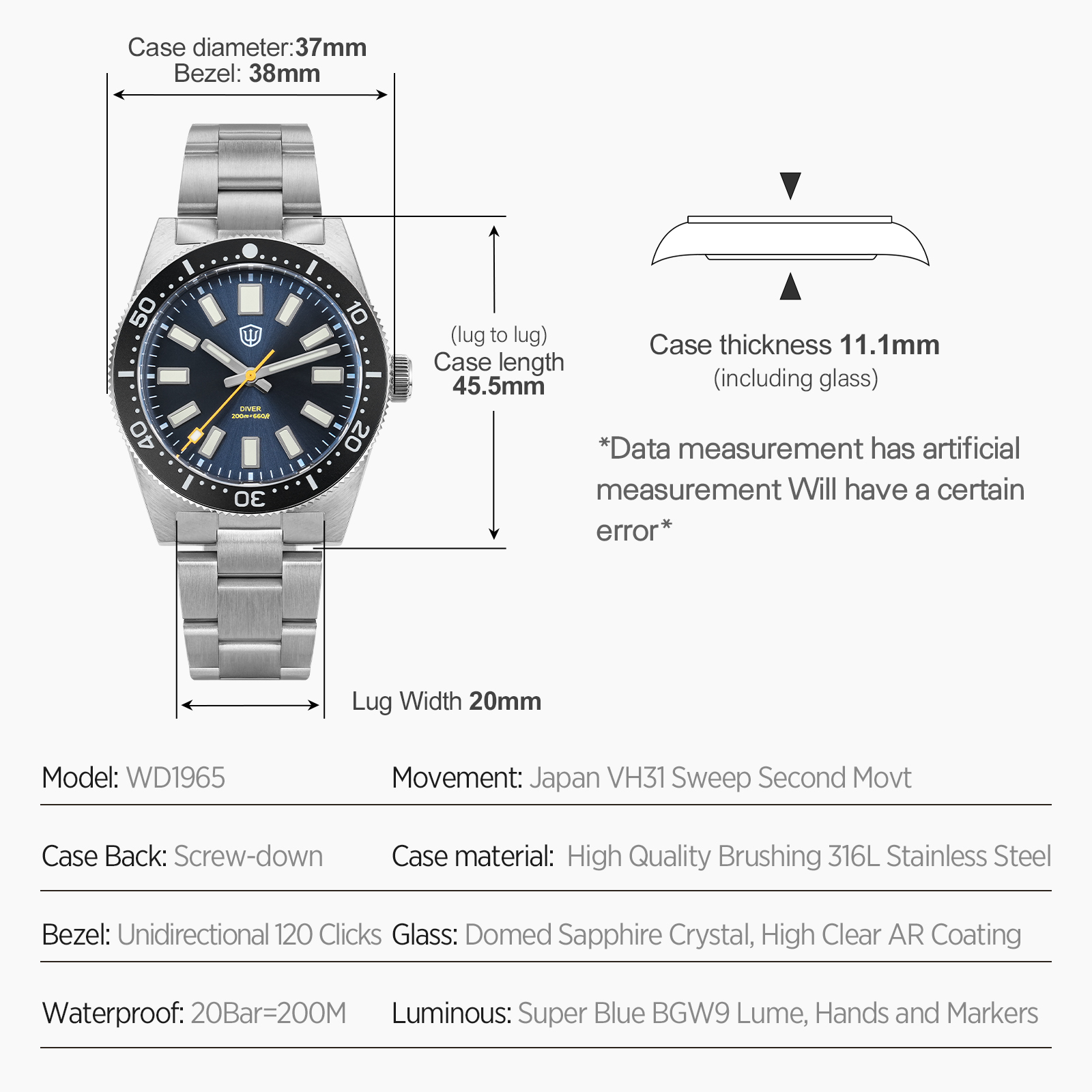 Watchdives 37Mm WD1965 V2 Man  - Jewelry For Watches ulasan dan harga